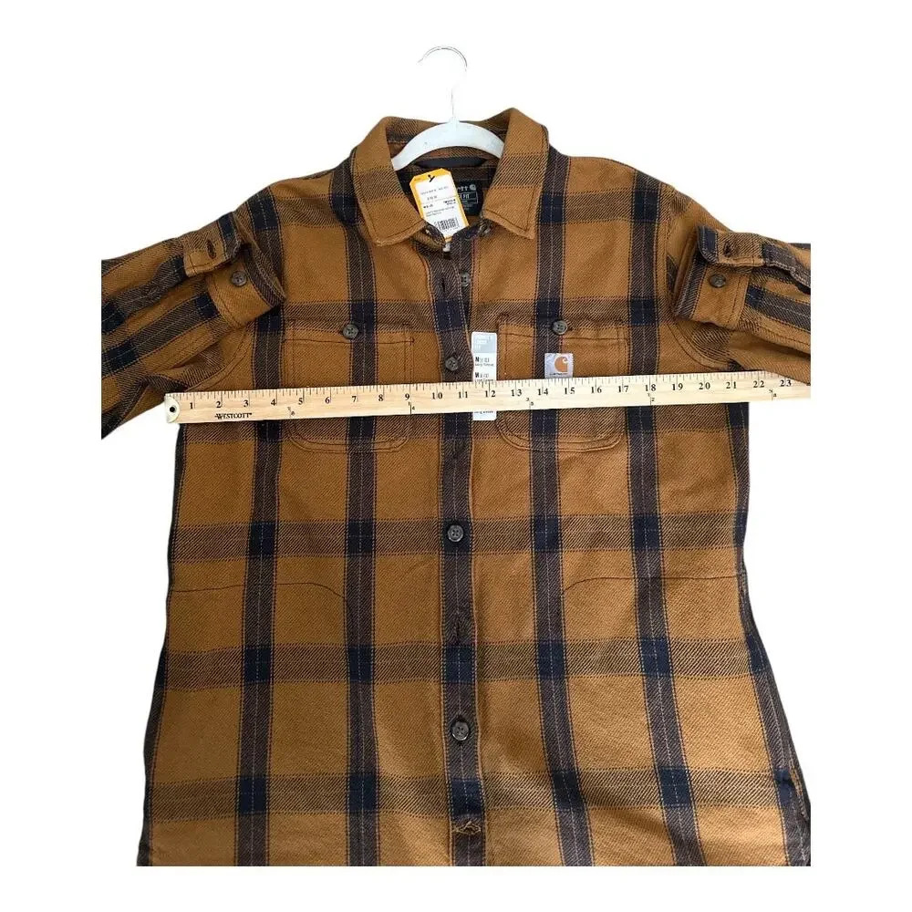 Carhartt Womens Loose Fit Brown/Black Twill Plaid Shirt, Med - Picture 7 of 9